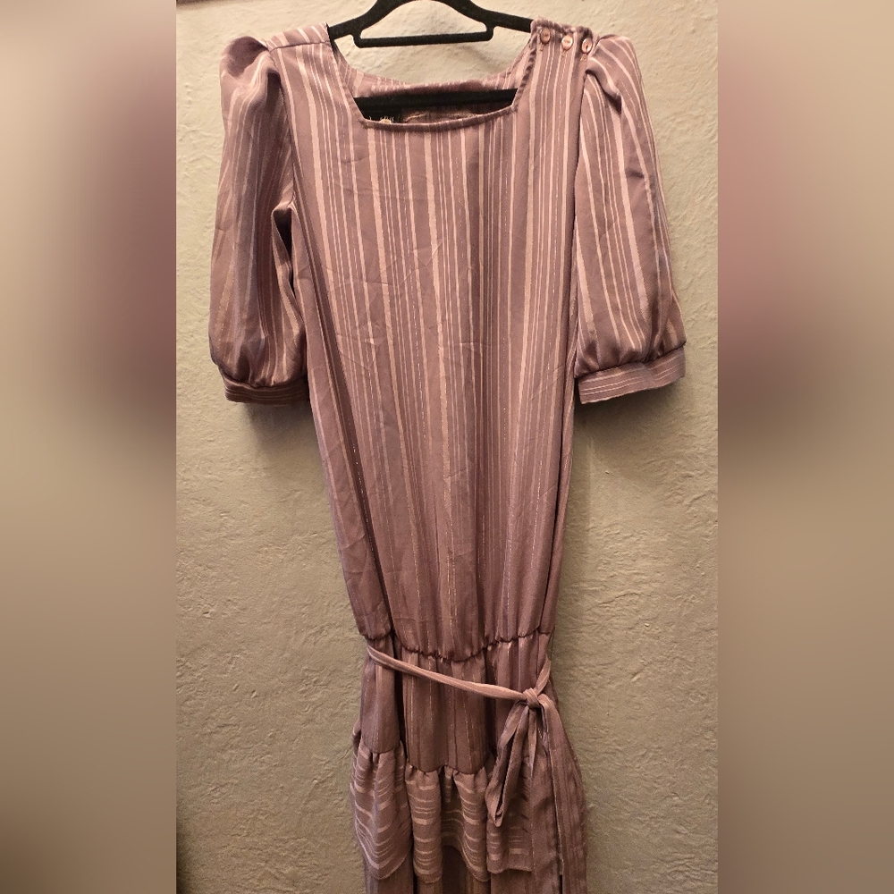 Joseph Ribkoff Mauve Striped Chiffon Dress | Tiered Hem | Made in Canada